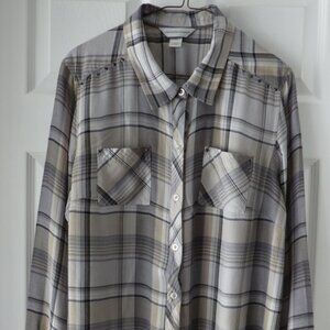 Christopher & Banks Brown Grey Plaid Button Up Blouse Studs Casual Western XL